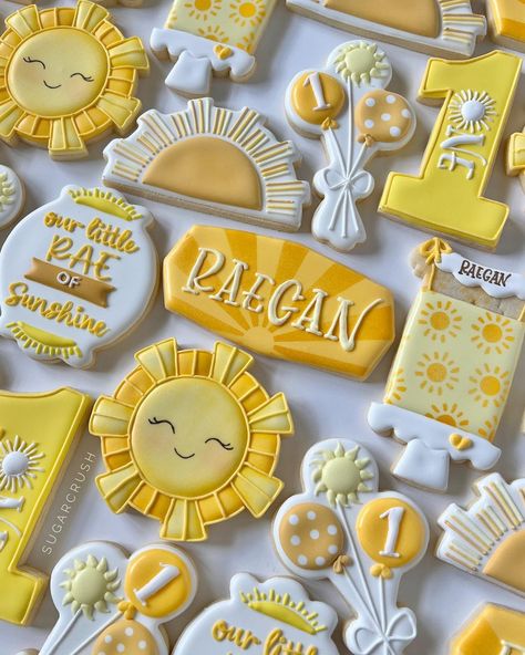 Trip Around The Sun Cookies, Sun Cookies, Sunshine Cookies, Cutout Cookie, Sunshine Theme, Sunshine First Birthday, Almond Sugar Cookies, Sunshine Cake, Theme Cookies