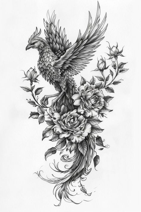 Realism Phoenix Tattoo, Phoenix And Rose Tattoo, Phoenix Sleeve Tattoo For Women, Phoenix Half Sleeve Tattoo, Phoenix Flower Tattoo, Phoenix Rising From Ashes Tattoo Women, Phenix Birds Tattoo, Phoenix And Flower Tattoo, Ink Shading