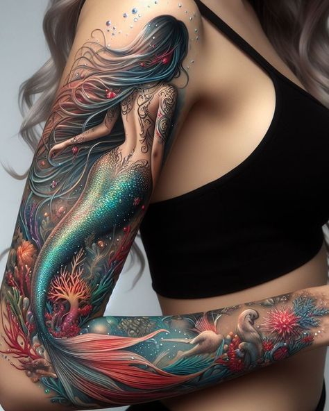 Ink your dreams with aquatic magic. A mermaid perched on a shipwreck, her tail swirling like a tempest. Elegant Mermaid Tattoo, Mermaid Calf Tattoos For Women, Warrior Mermaid Tattoo, Mystical Mermaid Tattoo, Aquatic Tattoo For Women, Mermaid Sleeve Tattoos For Women, Mermaid Tattoos For Women, Mermaid Back Tattoo, Mermaid Tattoo Sleeve