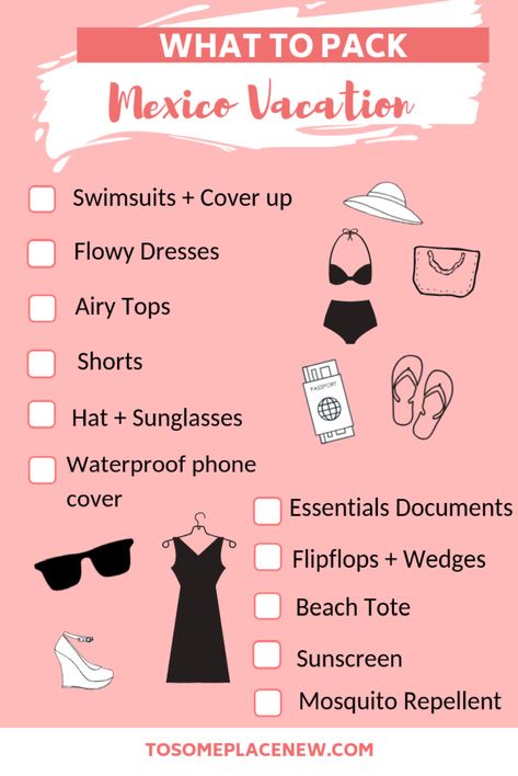 Ultimate Packing List for Mexico - What to pack for Mexico? - tosomeplacenew Packing List For Mexico, What To Pack For Mexico, Pack For Mexico, Mexico Travel Outfit, Winter Vacation Packing List, Mexico Packing List, Cancun Trip, Ultimate Packing List, Outfits For Mexico