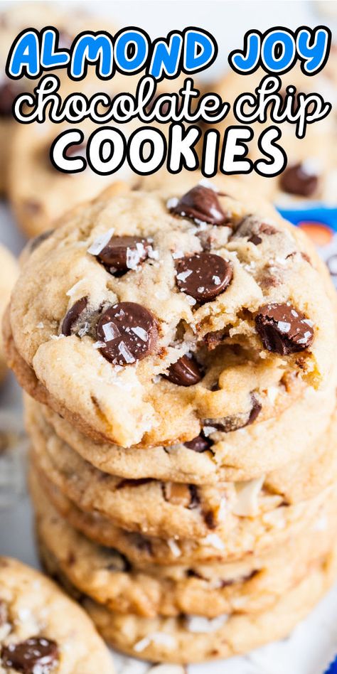 Choc chip Almond Joy cookies Coconut Almond Chocolate Chip Cookies, Almond Joy Chocolate, Almond Chocolate Chip Cookies, Easy Homemade Cookie Recipes, Coconut Almonds, Cookies With Chocolate Chips, Easy Homemade Cookies, Candy Melt, Oatmeal Chocolate Chip Cookie Recipe