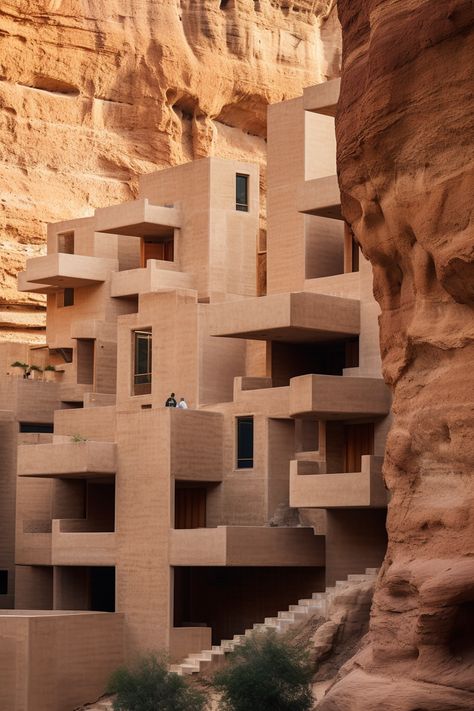 House against the rocks - Prompt in caption: architectural detail of modern lofty lush apartments against rocks, designed by gaudi, peter zumthor, ricardo Bofill, al ula Saudi arabia, scanner photography, 20 megapixels, terraces with rectangular cave openings #AIArt #midjourney #PromptPal #aiartcommunity #promptart #sharethisprompt #digitalart #aiphotography #midjourneyart #midjourneyartwork #midjourneygallery #aiartcommunity #generativeart #generativearts #aiart Edgy Architecture, Al Ula Saudi Arabia, Saudi Architecture, Zumthor Architecture, Scanner Photography, Peter Zumthor Architecture, Monument Architecture, Modern Mountain House, Great Architecture