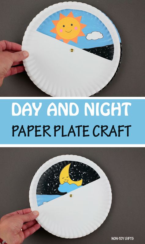 Day and night craft for preschoolers and older kids. Made as a paper plate spinning wheel, this educational craft can be paired with a Sun, Earth and Moon unit lesson. Talk about daytime and nighttime, stars and planets with kids. Interactive craft that can be paired with books #dayandnight #nightcraftkids #daycraftkids Day And Night Craft, Plate Crafts For Kids, Moon Unit, Moon Printable, Sun Crafts, Craft For Preschoolers, Earth Craft, Paper Plate Crafts For Kids, Sistem Solar