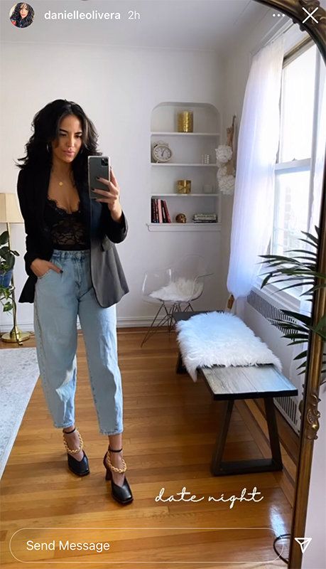 Danielle Olivera's Casual Date Night Denim Look With Boyfriend | Style & Living Night Casual Party Outfit, Trendy Outfits Date Night, Style Inspiration Night Out, Cute And Casual Date Night Outfits, Relaxed Night Out Outfit, Night Out Looks Winter Casual, Date Evening Outfit Casual, Date Night Business Casual, Casual Outfits For Dates