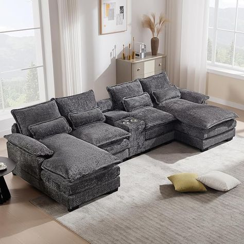 Amazon.com: Suheww U Shaped Modular Sectional Sofa, 124.8" Cloud Couch for Living Room, Grey Fluffy Chenille Couch with Console Cupholders and USB Port Comfy Sofas for Apartment Studio Office : Home & Kitchen Sofa Cloud, Comfortable Sectional Sofa, Cloud Couch, 4 Pillows, Cloud Sofa, Couch For Living Room, Comfortable Sectional, Comfy Sofas, Velvet Sectional