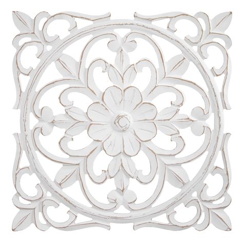 "Buy the American Art Décor™ 16\" White Distressed Floral Wall Medallion Home Décor at Michaels. com. Decorate your walls with a piece of decor inspired by the elegance of traditional antique designs and architecture. Our hand-carved medallions are the perfect accent piece to your space, and look great on walls, furniture, mantels, or ceilings, and are a quick and easy way to switch up the look of your space. Inspired by the beauty of a bygone age, our designers carefully created this piece to e Eclectic Design Style, Medallion Wall Art, Wall Medallion, Arched Wall, Medallion Wall Decor, Sofa Wall, Wall Displays, Dorm Ideas, Furniture Redo