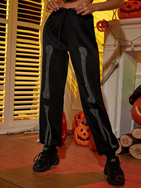 Free Returns ✓ Free Shipping On Orders $49+ ✓. Halloween Rhinestone Skeleton Pattern Drawstring Waist Sweatpants- Women Sweatpants at SHEIN. Skeleton Sweatpants, Skeleton Pants, Rhinestone Skeleton, Bleach Shirt Diy, Rhinestone Halloween, Skeleton Pattern, Bleach Shirt, Women Sweatpants, Sweatpants Women