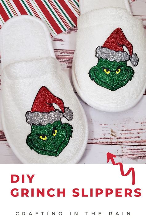 The glitter HTV on these DIY Grinch slippers just makes me happy. Grinch Slippers, Diy Grinch, Cricut Htv, Swap Gifts, Shoe Ideas, Jolly Holiday, Decorated Shoes, Iron On Vinyl, Pasta Flexible