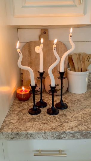 477K views · 5.6K reactions | DIY spooky ghost candles! 👻 Comment GHOST and I’ll send you links to all of My supplies. These were so simple to make and perfect for Halloween decor!Get some wax candle sticks. Soak them in warm water about 15 minutes. Then once they have softened up start molding them. Keep them in the water while molding them or they will harden back up and break. Once you are done molding them, draw a spooky face on them and that’s it!!👻#falldecorations #diyfalldecor #falldecoratingideas #fallhomedecor #falldecorating #diyhalloween #halloweendecoration #halloweendecor #spookyseason #halloweeniscoming #spookyseason👻 #halloweencountdown #spookyszn #halloweendiy #easydiy | Our Winton home | Our Winton home · Original audio Ghost Candles, Halloween Countdown, Candle Sticks, Spooky Ghost, Fall Decor Diy, Wax Candle, Candle Wax, Fall Home Decor, Halloween Diy