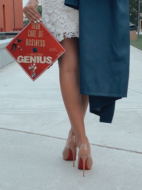 Graduation, senior, cap & gown, red bottoms Red Bottoms Photoshoot, Red Bottoms Graduation Pictures, Unique Graduation Photoshoot Ideas, Red Bottom Graduation Pictures, Red Graduation Gown And Cap, Graduations Pics, Red Cap And Gown, Red Graduation Gown, Graduation Cap Pictures