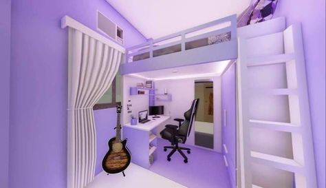 Loaf Bed Ideas, Loaf Bedroom Ideas For Small Room, Purple Loft Bed, Loaf Bed For Small Room, Small Room Design Aesthetic, Loaf Bedroom Ideas, Minimalist Bedroom Small Simple, Loaf Bed, Cramped Bedroom