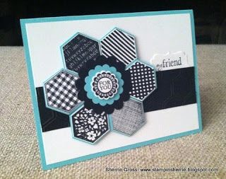 Patchwork Cards, Stampin Up Anleitung, Hexagon Cards, Cute Birthday Card, Ctmh Cards, Cute Birthday, Flowers Blue, Birthday Cards For Men, Print Black And White