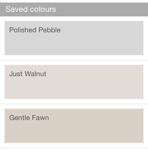 Downstairs colours: Polished Pebble for dining room and lounge. Gentle Fawn for kitchen and Just Walnut for the hallway, stairs and landing.  Now just need to decide on conservatory and cloakroom! Just Walnut Dulux, Dulux Gentle Fawn, Dulux Paint Colours, Hallway Stairs, Hallway Colours, Coastal Decorating Living Room, Decor Color Schemes, Dulux Paint, Fawn Colour