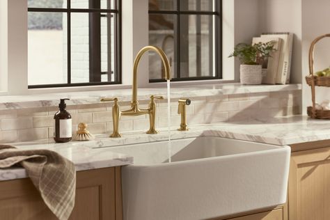 Coming Soon | Exclusive Fixture & Tile Collection - Studio McGee Studio Mcgee Bathroom, Mcgee Bathroom, Bridge Kitchen Faucet, Pot Filler Kitchen, Stainless Kitchen Faucet, Timeless Bathroom, Ann Sacks, Console Sinks, Bathroom Furniture Vanity