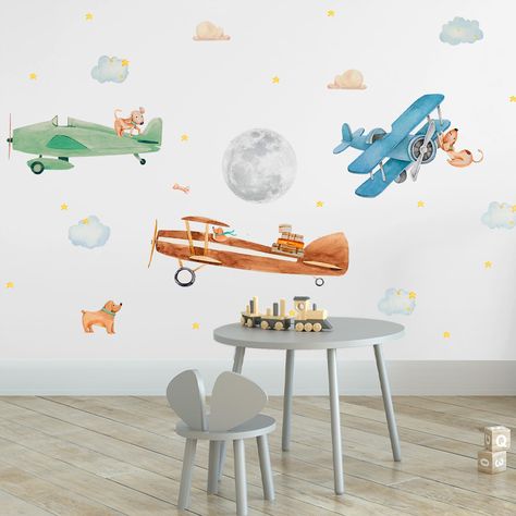 PRICES MAY VARY. ✈️ Planes Peel and Stick Wall Decals includes: moon, planes, dogs, clouds, stars, bones, bags. Item sizes range from 2"" x 2"" to 20"" x 8"", for a total of 47 items. Stickers come in an envelope in 4 sheets. Sheet size is 15.7" x 11.8". This set of stickers is size S and its size on the wall is 58.6" x 39" 🌈 Learn and Play. Play is a way to spend fun time with your child, place the stickers on the wall together, and learn the name of each item. Every child is full of curiosity Curiosity Wall, Creative Nursery, Solar System Wall Decal, Safari Animal Wall Decals, Airplane Wall Decor, Kids Wall Stickers, Boys Wall Stickers, Baby Nursery Wall Decor, Outer Space Decorations