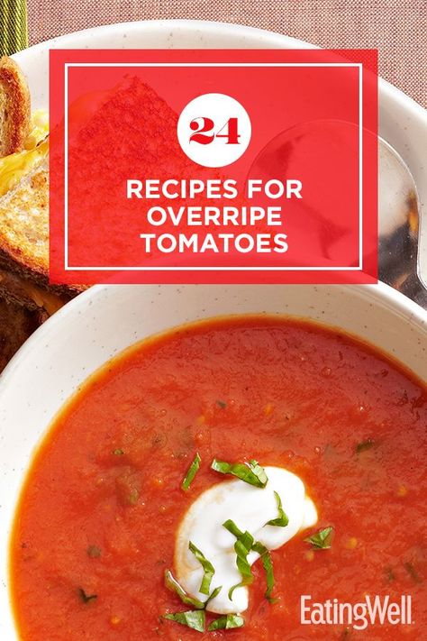 Wait—don’t throw out those overripe tomatoes! Instead, transform them using one of these delicious recipes. Overripe tomatoes are perfect for sauces and soups as their softer texture is easily masked when blended with other flavors. You could also roast them and use it as a side dish. Recipes like Summer Tomato Gazpacho and No-Peel Slow-Cooker Marinara Sauce are flavorful, bright and make the most out of those still-great tomatoes. #summerrecipes #healthysummerrecipes #healthyrecipes What To Do With Over Ripe Tomatoes, Over Ripe Tomatoes What To Do With, What To Do With Soft Tomatoes, Over Ripe Tomatoes Recipes, Overripe Tomatoes Recipe, Soft Tomatoes What To Do With, Old Tomatoes What To Do With, Overripe Tomatoes What To Do, Recipes Using Tomatoes From Garden