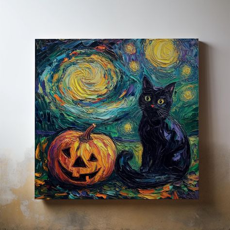 Add a touch of magic and mystery to your home decor with this stunning canvas print, inspired by the timeless "Starry Night" painting. This captivating piece features a black cat with bright, inquisitive eyes sitting beside a carved pumpkin under a swirling night sky. The vibrant brushstrokes and rich colors evoke the charm of Halloween, making it a perfect addition to your seasonal or year-round decor. Printed on a durable, gallery-wrapped canvas with a 1.25" thick profile, this artwork is ready to hang and will bring a delightful touch of whimsy to any space. Whether you're a cat lover, an art enthusiast, or someone who enjoys unique home accents, this high-quality oil painting print on canvas will remain a beautiful focal point for years to come. : Canvas, Stretched, 1.25" : Back hangin Spooky Cat Painting, Halloween Abstract Art, Colorful Pumpkin Painting, Halloween Oil Painting, What To Paint On A Black Canvas, Painting Ideas On Canvas For Beginners, Fall Canvas Painting Ideas Easy Diy, Halloween Paint Night, Paint Ideas On Canvas