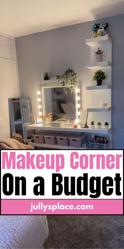 Makeup corner Small Make Up Room Ideas Spaces, Diy Makeup Vanity In Closet, Makeup Desk Storage Ideas, Diy Makeup Vanity Small Space, Diy Makeup Room Ideas, Closet Converted To Makeup Vanity, Bedroom Makeup Corner, Corner Of Room Ideas Bedrooms, Make Up Corner Ideas Small Spaces