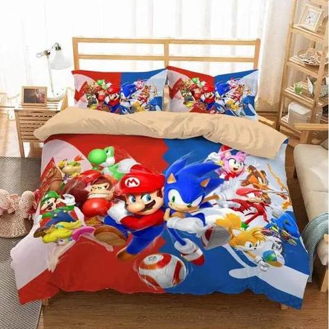 Super Mario And Sonic The Hedgehog #1 Duvet Cover Bedding Set Messi Room, Project Playroom, Mario And Sonic, Sonic Pictures, Hedgehog Bedding, Bed 3d, Customised Bed, Set Bedroom, Quilt Comforter