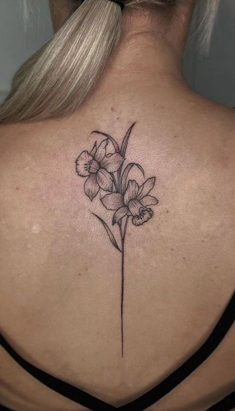 Daffodil Fairy Tattoo, Large Daffodil Tattoo, Daffodil Spine Tattoos For Women, Big Daffodil Tattoo, Tattoo Ideas Female Daffodil, Daffodil With Butterfly Tattoo, Two Daffodils Tattoo, Daffodil Tattoo Back, Tulip And Daffodil Tattoo