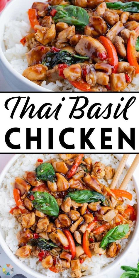 This Thai basil chicken recipe is so easy to make at home! You only need a few simple ingredients for this quick stir-fry dish: chicken thighs, fresh basil, and the secret ingredient—fish sauce. Serve it up with some rice, and your whole family might think you ordered takeout! This Thai basil chicken is packed ith flavor and is perfect for any lunch or dinner. Try this easy recipe today! Chicken Thigh Stir Fry, Chicken Basil Recipes, Thai Basil Chicken Recipe, Thai Basil Recipes, Basil Chicken Recipe, Thai Basil Chicken, Basil Recipes, Basil Chicken, Thai Basil