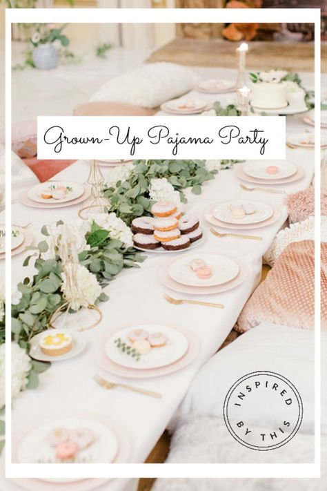 Pink Bachelorette Pajama Party, Pajama Cocktail Party, Grown Up Sleepover Ideas, Bridal Shower Slumber Party, Chic Slumber Party, Glam Slumber Party, Pajama Party Grown Up Decorations, Ladies Pajama Party Girl Night, Ladies Pajama Party