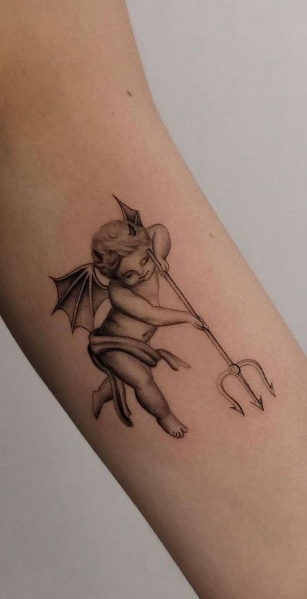 Cherub Sleeve Tattoo, Demon Cherub Tattoo, Angel And Devil Cherub Tattoo, Devil And Angel Shoulder Tattoo, Angel Devil Shoulder Tattoo, Evil Cupid Tattoo, Cherub Neck Tattoo, Cherub Tattoo Designs For Women, Angel With Horns Tattoo