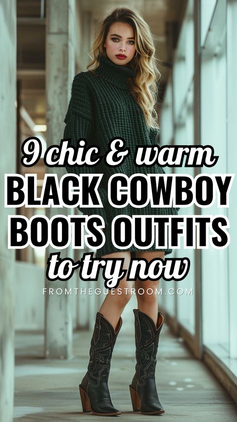 a woman wears warm outfits with black cowboy boots, western outfits Light Brown Cowboy Boots, Dresses And Cowboy Boots, Cowboy Boots Outfit Fall, Outfits Cowboy Boots, Cowboy Boots Outfit Winter, Brown Cowboy Boots Outfit, Boots Outfit Fall, Dress And Cowboy Boots Outfit, Red Cowboy Boots Outfit