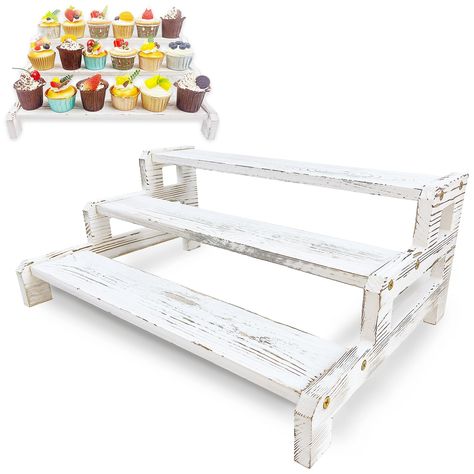 PRICES MAY VARY. Premium Natural Wood: Three tier cupcake stand is made of 100% solid wood, colored design full of rustic flavor, the structure is sturdy, capable of bearing heavy weight without wobbling Multi Purpose: This wooden cupcake stand can also be used as a display shelf for desserts, potted plants, candlestick, crafts or jewelry, or as a makeup stand Right Size: Rustic cupcake stands measure 17"" x 12"" x 7"", and easily holds 20 cupcakes, tiered tabletop display give your party a more Three Tier Cupcake Stand, Cake And Cupcake Display, Rustic Wedding Dessert Table, Rustic Cupcake Stand, Tiered Cupcake Display, Wooden Cupcake Stands, Candlestick Crafts, Dessert Table Display, Retail Display Shelves