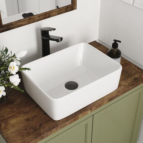 DeerValley Liberty 12'' White Rectangular Ceramic Vessel Bathroom Sink & Reviews | Wayfair Wood Bathroom Countertop Vessel Sink, Countertop Bathroom, Rectangular Sink Bathroom, White Faucet, Apron Sink Kitchen, How To Install Countertops, Pedestal Sinks, Vessel Sink Faucet, Vessel Bathroom Sink