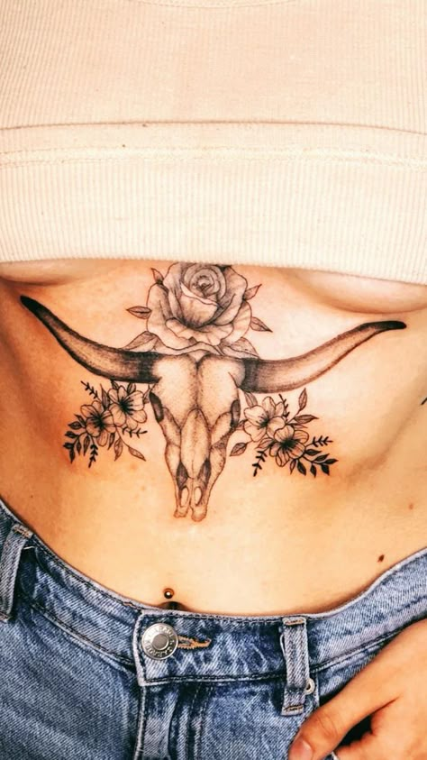 Bull Skull Tattoo Sternum, Bull Skull Tattoo Stomach, Father Daughter Tattoos Country, Mother Daughter Tattoos Western, Country Back Tattoo Women, Cow Skull Tattoos For Women, Cowgirl Skull Tattoo, Western Cow Skull Tattoo, Longhorn Sternum Tattoo