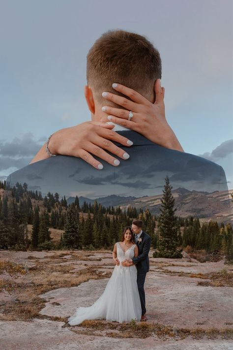 Wedding Couple Picture Ideas, Romantic Beach Wedding Photos, Unique Bride And Groom Pictures Romantic, Long Exposure Wedding Photos, Country Wedding Photoshoot, Double Exposure Wedding Photos, Wedding Photo Ideas Outdoor, Outside Wedding Photography Ideas, Fall Elopement Photography