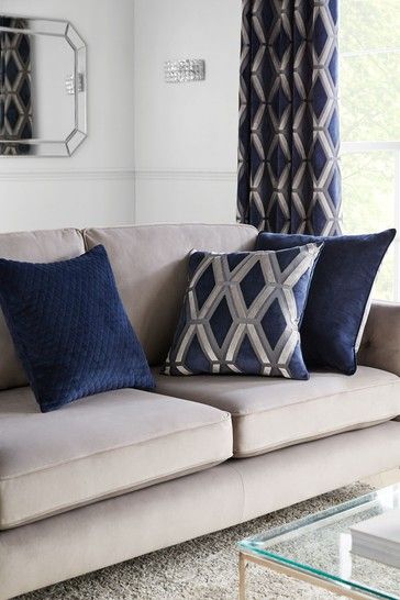 Navy Collection Luxe Velvet Geo Square Cushion Navy Blue And Grey Living Room, Cosy Night In, Contrasting Colours, Velvet Quilt, Beige Carpet, Blue Sofa, Navy Velvet, White Cushions, Hotel Style