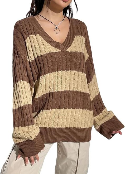 Women Y2K Striped Sweater Vintage Aesthetic Preppy Sweater V Neck Long Sleeve Oversized Cable Knit Jumper Tops Streetwear (Brown, S) at Amazon Women’s Clothing store Grunge Sweaters, Sweaters Y2k, Clothes Streetwear, Preppy Sweater, Gothic Clothes, Cable Knit Jumper, Streetwear Tops, Loose Pullover, Top Streetwear