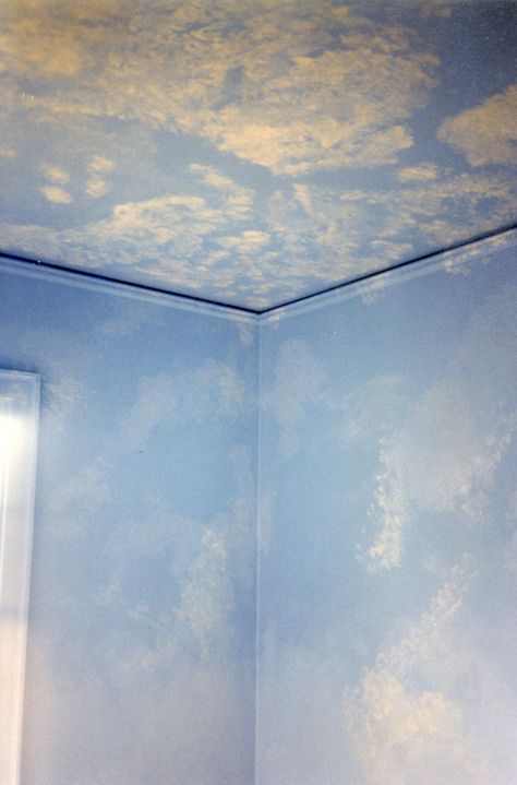 cloud walls Sky Painted Wall, Cloud Painted Walls, Cloud Painting Ceiling, Ceiling Clouds Painting, Cloud Wall Painting Bedrooms, Cloud Wall Paint, Painted Wall Bedroom, Cloud Walls, Cloud Wall Mural