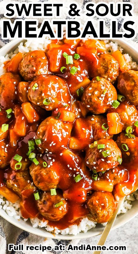 Homemade sweet and sour meatballs are so delicious and easy to make. A simple meatball recipe using ground meat is paired with an easy and delicious sweet and sour sauce with pineapple chunks as the base. These are a perfect snack for a party or as a main dish. with rice. They take no time at all to make, and the ingredients are cheap and and budget-friendly. Healthy Meatballs And Rice, Healthy Sweet And Sour Meatballs, Meat Ball And Rice Recipes, Sweet And Sour Frozen Meatballs, Sweat And Sour Meatball Recipes, Sweet And Sour Meatballs Stove Top, Sweet And Sour Meatballs Crockpot Easy, Slow Cooker Sweet And Sour Meatballs, Meatballs And Sauce Homemade