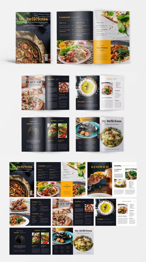 Food Magazine Template INDD. 15 pages. Cooking Magazine Design, Food Magazine Cover Design, Food Catalogue Design, Food Magazine Layout Design, Food Magazine Design, Cookbook Design Layout, Food Magazine Cover, Cookbook Layout, Food Magazine Layout