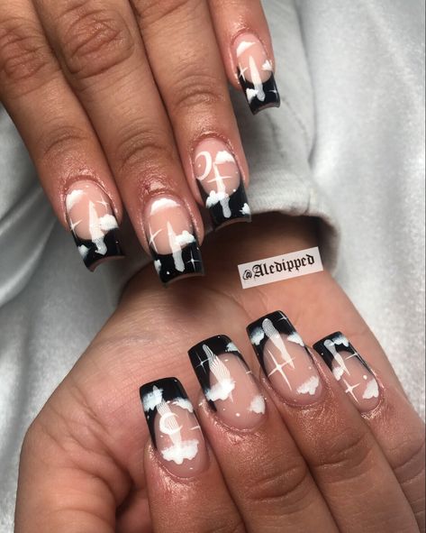 Black And White Cloud Nails, Black Cloud Nails, Twinkle Star Nails, Starry Nails, Marble Acrylic Nails, Black French Tip, Nail Summer, Black Acrylic Nails, Square Nail Designs