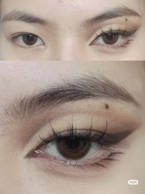 Make Up On Asian Eyes, Powerful Eye Makeup, Cool Douyin Makeup, Eyeliner Looks For Asian Eyes, Sleepy Droop Eye Makeup, Makeup For Puppy Eyes, Asian Makeup Hooded Eyes, Asian Eye Eyeliner, 90s Asian Baddie Makeup