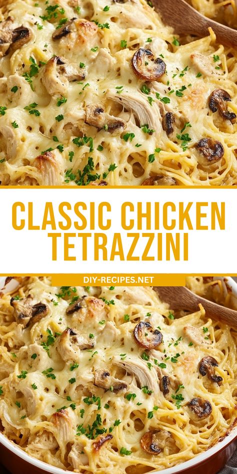 Create this classic Chicken Tetrazzini for a dinner everyone will love. It's rich, creamy, and packed with cheesy goodness! Easy Tetrazzini Recipes, Chicken Tetrazinni Recipe, Chicken Tettrazini Recipe, Chicken Tezzarini Recipe, Rotisery Chicken Dishes, Chicken Tetrazzini Recipes Easy, Roterisserie Chicken Recipes, Roteserri Chicken Meals, Chicken Tetrazzini Easy