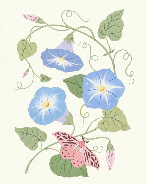 There’s something magical about the way morning glory flowers unfurl in the early light✨ I couldn’t resist capturing this delicate beauty in my recent artwork 🩵 . . . . . . #surfacedesign #botanicalart #gouacheart #botanicalgouache #morningglory #surfacedesigner #botanicalwallart #freelancedesign #freelancedesigner #freelanceartist #artlicensing Blue Bell Illustration, Morning Glory Illustration, Morning Glory Painting, Blue Flowers Images, Morning Glory Flowers, Flower Mural, Saree Painting, Flower Motifs, Gouache Art