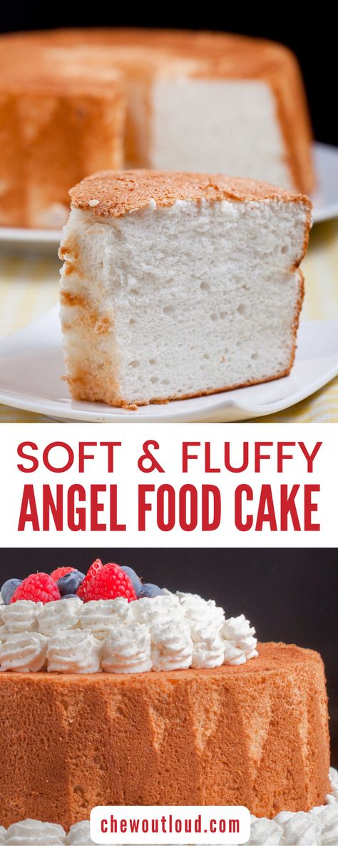 Soft & Fluffy Angel Food Cake is scrumptious all on its own, or with berries and whipped cream. Store-bought varieties don’t come close. Homemade angel food cake so lavish with flavor, it needs no embellishment. People eagerly devour this delicious cake all on its own. This angel food cake is actually dairy-free, containing no butter and no milk. Angel Food Cake With Whipped Cream, Sourdough Angel Food Cake, Recipes With Cake Flour, Sugar Free Angel Food Cake, Angel Food Cake From Scratch, Best Angel Food Cake, Angel Food Cake Recipes, Homemade Angel Food Cake, Dessert Favorites