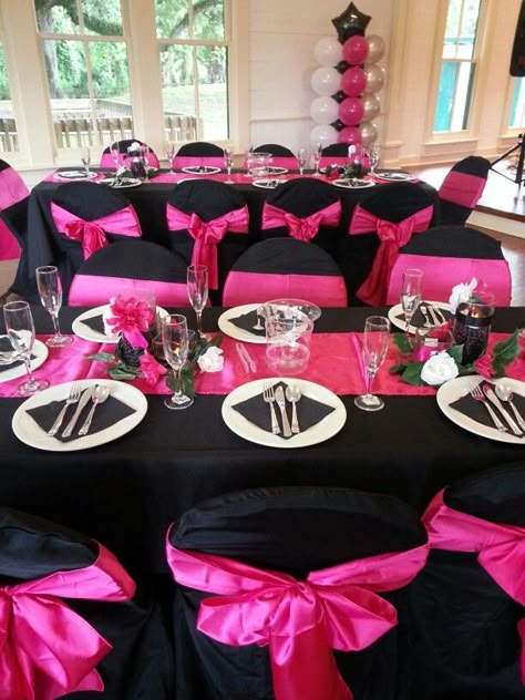 Black Pink And White Decorations, Black And Hot Pink Quinceanera Dress, Hot Pink And Black 21st Birthday, Hot Pink Gold And Black Birthday Party, Hot Pink And Black Birthday Decorations, Black And Pink Sweet 16 Dress, Pink And Black 40th Birthday Decorations, Black And Hot Pink Birthday Party, Hot Pink And Black Sweet 16