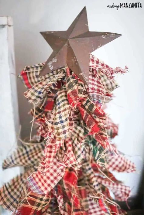 How To Make A Fabric Christmas Tree (EASY DIY) - Making Manzanita Large Fabric Tree, How To Make Fabric Christmas Trees, How To Make Rag Christmas Trees, Diy Cloth Christmas Trees, Rag Fabric Christmas Trees, Quilted Christmas Tree Pattern, Homespun Fabric Crafts, Fabric Scrap Christmas Tree, Diy Primitive Christmas Tree