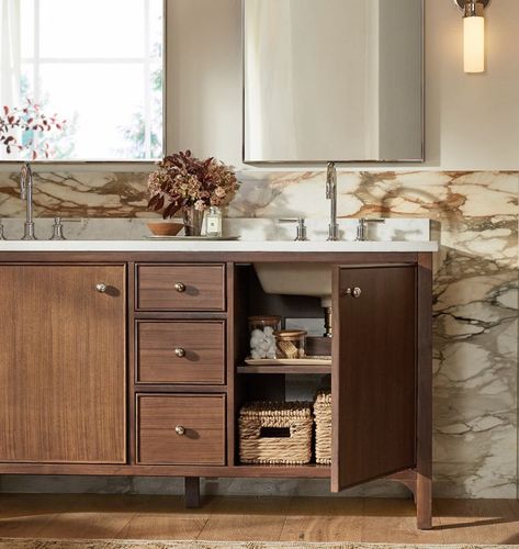 Crafted From Solid American Walnut, Wallace Is A Stunning And Timeless Addition To Any Bath, Featuring Plenty Of Built-In Storage To Support Your Daily Routine. Walnut Vanity, Vanity Inspiration, Oak Bathroom Vanity, Light And Dwell, Timeless Bathroom, Vanity Drawers, Kids Pottery, Bathroom Design Inspiration, Calacatta Marble