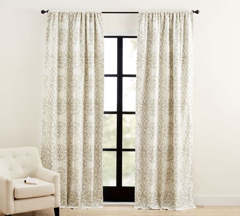 Margot Scroll Print Rod Pocket Linen Cotton Blackout Curtain | Pottery Barn Tie Top Curtains, Double Rod Curtains, Double Curtains, Wall Candle Holders, Rod Pocket Curtains, Room Darkening Curtains, Room Accessories, Bath Furniture, Blackout Curtain