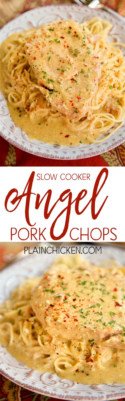 Slow Cooker Angel Pork Chops - THE BEST pork chops EVER! Everyone cleaned their plate!!! SO tender and full of flavor. Pork chops, Italian dressing mix, cream cheese, butter, cream of chicken soup and white wine/chicken broth. Serve over angel hair pasta. Make sure to spoon the sauce out of the slow cooker - it is SO good!!! Pork Chops Italian, Angel Pork Chops, Best Pork Chops Ever, The Best Pork Chops, Best Pork Chops, Cream Cheese Butter, White Wine Chicken, Wine Chicken, Italian Dressing Mix