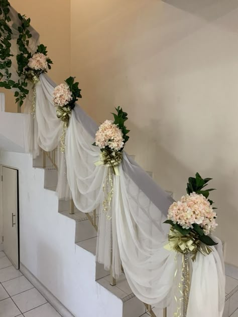 Wedding Staircase Decoration, Tulle Wedding Decorations, Wedding Stairs, Staircase Decoration, Wedding Staircase, Malaysia Wedding, Tulle Decorations, Wedding Church Decor, Bridal Shower Decorations Diy