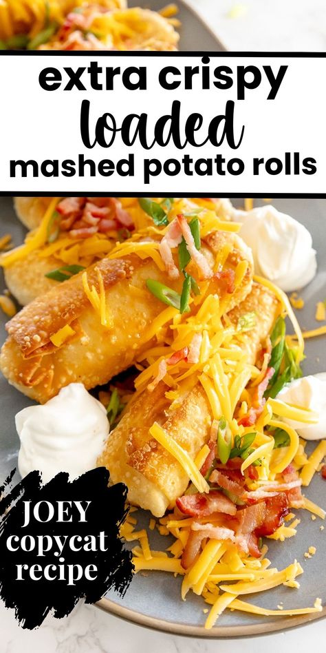 Elevate your mashed potato game with these loaded mashed potato spring rolls! This Joey restaurant copycat recipe takes the creamy mashed potatoes we know and love, and gives them a crispy twist with all your favorite toppings. This recipe is the ultimate use for leftovers, too! Mashed Potato Sandwich, Leftover Instant Mashed Potatoes, Fried Mashed Potatoes Fries, Crispy Mashed Potatoes Joeys, Mashed Potato Leftovers, Mashed Potatoes Fries, Mashed Potatoes Recipe Potato Ricer, Mashed Potatoes Dinner Meals, Mashed Potato Fries