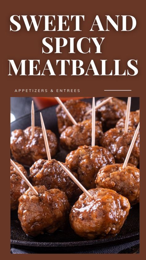 Easy Sweet and Spicy Meatballs - Appetizers & Entrees Crockpot Sweet And Spicy Meatballs, Meatball Snacks Appetizers, Sweet And Spicy Meatballs Crockpot, Spicy Meatball Recipes, Appetizer Meatballs Crockpot, Spicy Meatballs Crockpot, Spicy Meatballs Appetizers, Meatball Appetizer Recipes, Meatball Appetizer Crockpot